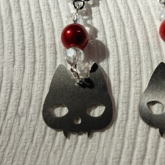 Vampire Cat 2.5" Dangle Earrings Handmade with Blood Red Accent Bead & Crystals. - Picture 3 of 5